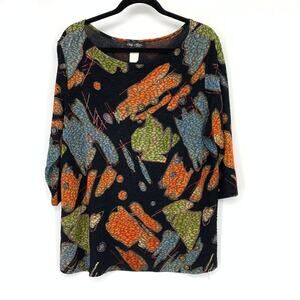 Only Nine 3/4 Sleeve Blouse Slinky Knit Womens 2X Multicolor Art Print Stretch